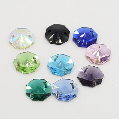 Sew on Rhinestone, Glass Rhinestone, Two Holes, Garments Accessories, Octagon, 15x14x5mm, Hole: 1mm
