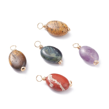 Pendentifs naturelles mixtes de pierre, avec du vrai fil de cuivre écologique plaqué or 18k, ovale