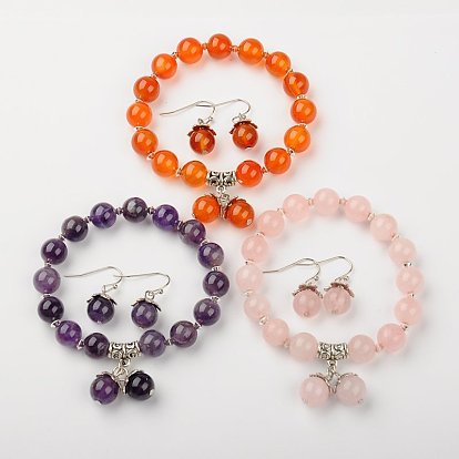 Gemstone Jewelry Sets, Bracelets & Earrings, with Brass Spacer Beads and Brass Hooks, 55mm, 27mm