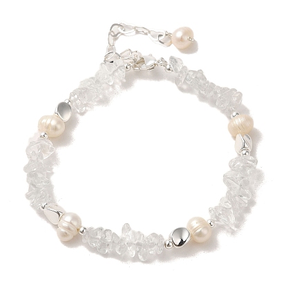 Natural Pearl & Quartz Crystal Beaded Bracelets, with Brass Clasps