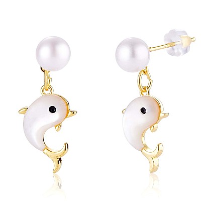 Natural Pearl with White Shell Dolphin Dangle Stud Earring, Brass Jewelry for Women