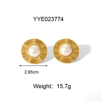 Винтажный китайский стиль 304 круглые серьги-гвоздики из нержавеющей стали для женщин, с пластиковой имитацией жемчуга, реальный 18 k позолоченный