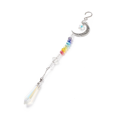 Alloy Moon Pendant Decorations, 7 Chakra AB Color Plated Glass Beaded Hanging Ornament, with Glass Cone & Star/Ice Flower/Heart Charm