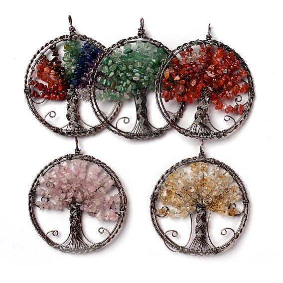 Бусины из смешанных драгоценных камней большие подвески, с латунной фурнитурой , плоские круглые с дерева жизни