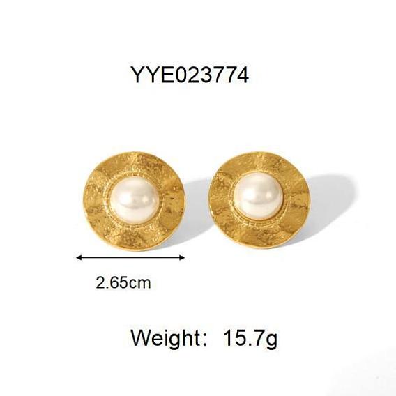 Винтажный китайский стиль 304 круглые серьги-гвоздики из нержавеющей стали для женщин, с пластиковой имитацией жемчуга, реальный 18 k позолоченный