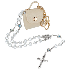 1Крест Иисуса из цинкового сплава с подвеской из белого стекла и круглыми бусинами-четками для женщин и мужчин, с 1брелками-подвесками из искусственной кожи и бумажником