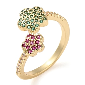 Rack Plating Brass Micro Pave Cubic Zirconia Open Cuff Rings, Flower