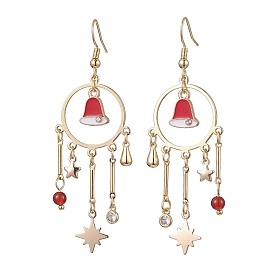 Brass Dangle Earrings, with Christmas Bell Alloy Enamel Charms and Natural Carnelian and Brass Finding for Women