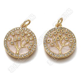 5Pcs Brass Micro Pave Clear Cubic Zirconia Pendants, Long-Lasting Plated, with Jump Rings & Pink Enamel, Flat Round with Tree of Life