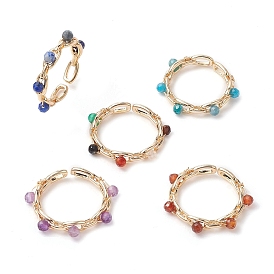 Brass Cable Chain Shape Open Cuff Rings, Wire Wrapped Natural Gemstone Ring for Women