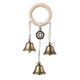 Campanas de bruja protectoras de estrella de hierro y aleación para pomo de puerta, Campana de viento de bruja con anillo de madera para decoración del hogar