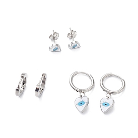 3 Pairs 3 Style Enamel Heart with Evil Eye Dangle Hoop Earrings, 304 Stainless Steel Stud Earrings for Women