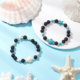2Pcs Synthetic Turquoise and Natural Lava Rock Beads Stretch Bracelets for Men Women, Turtle & Starfish