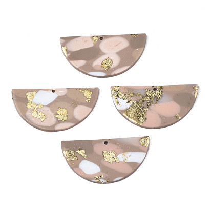 Handmade Polymer Clay Pendants, with Gold Foil, Half Round