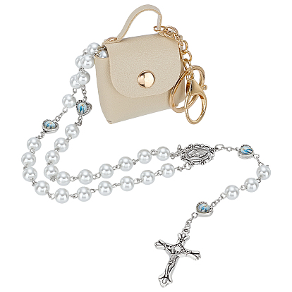 1Крест Иисуса из цинкового сплава с подвеской из белого стекла и круглыми бусинами-четками для женщин и мужчин, с 1брелками-подвесками из искусственной кожи и бумажником