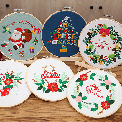 DIY Christmas Theme Embroidery Kits, Including Printed Cotton Fabric, Embroidery Thread & Needles, Plastic Embroidery Hoop