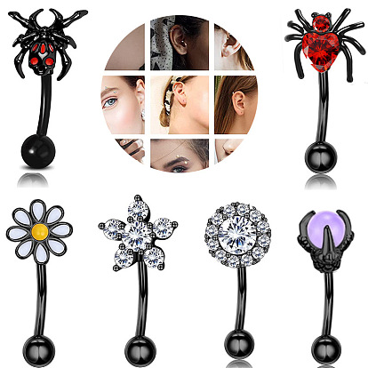 Хэллоуин 304 Кольца для бровей из нержавеющей стали с кубическим цирконием, хрящевые серьги, чёрные