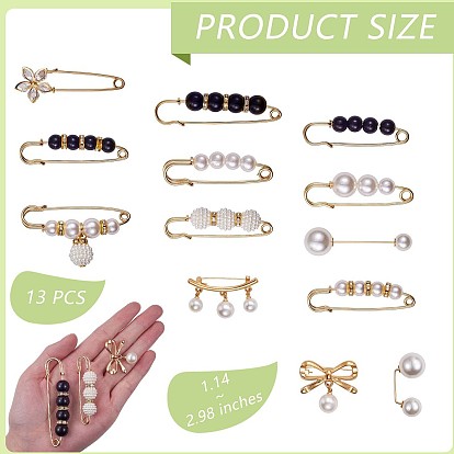 13Pcs 13 Style Acrylic Pearl Beaded Safety Pin Brooch, Crystal Rhinestone Flower Lapel Pins Badges, Golden Alloy Sweater Shawl Clips for Women
