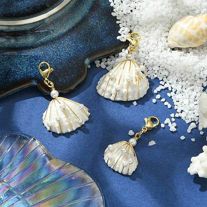 Wire Wrapped Shell Pendant Decorations, Shell Pearl and 304 Stainless Steel Lobster Claw Clasps Charms, Shell Shape