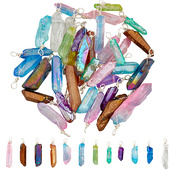 48шт 12 цветные гальванические и окрашенные подвески из натурального кварца, Подвески-самородки из медной проволоки с серебряным покрытием