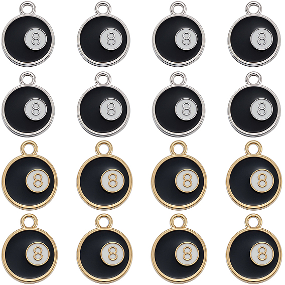 40 шт 2 цвета сплава эмалевые подвески, плоский круглый с черным снукером 8