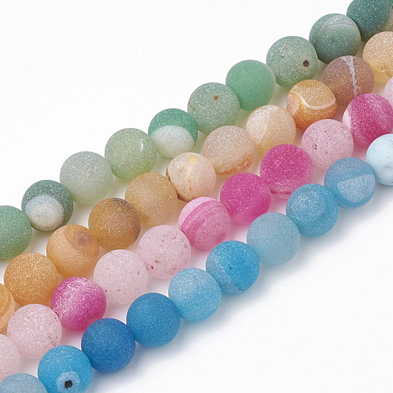 Dyed Natural Striped Agate/Banded Agate Beads Strands, Frosted, Round