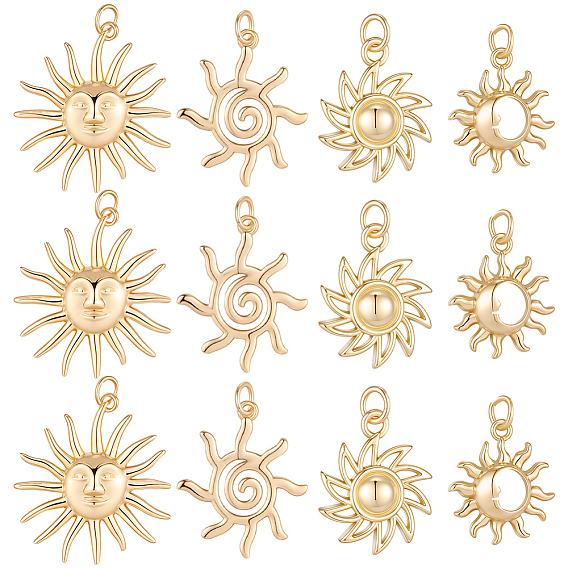 12 шт 4 стили латунные подвески, с целью перехода в кольце, без кадмия и без свинца, солнечные чары