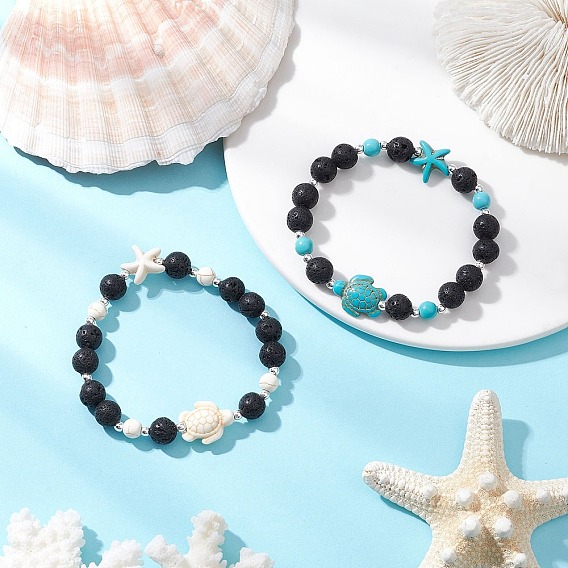 2Pcs Synthetic Turquoise and Natural Lava Rock Beads Stretch Bracelets for Men Women, Turtle & Starfish