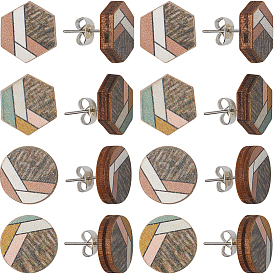 4 пары 2 стиль натуральное дерево геометрические серьги-гвоздики в стиле бохо со стальными железными штифтами, плоский круглый & шестиугольник