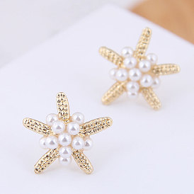 Minimalist and Versatile Starfish Pearl Stud Earrings for Women Students with Micro-inlaid Diamonds