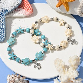 2Pcs 2 Colors Starfish & Turtle Dyed Synthetic Turquoise Beaded Stretch Bracelet Sets, Summer Alloy Charm Stackable Bracelets for Women