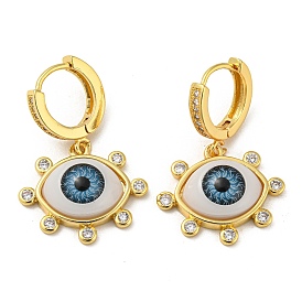 Eye Real 18K Gold Plated Brass Dangle Hoop Earrings, with Cubic Zirconia and Acrylic