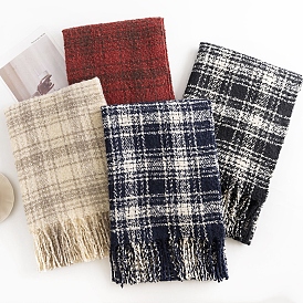 Écharpe cache-cou en polyester à motif tartan, écharpe d'hiver, écharpe classique à carreaux et pampilles