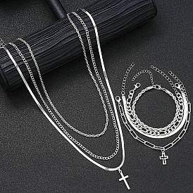 7Pcs Alloy Cross Pendant Necklaces & Bracelet Sets for Unisex