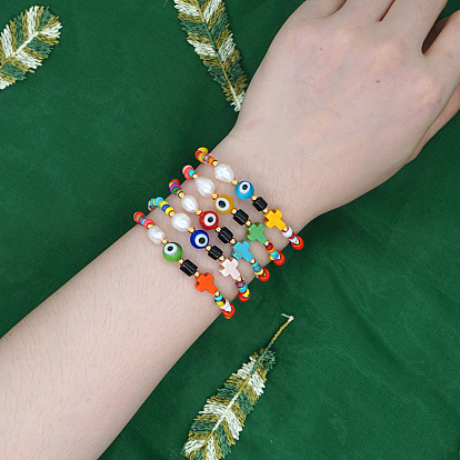 Стеклянные бусины эластичные скобы, Крестики-ножницы от сглаза и синтетической бирюзы для женщин, со стеклянной имитацией жемчуга