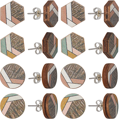 4 пары 2 стиль натуральное дерево геометрические серьги-гвоздики в стиле бохо со стальными железными штифтами, плоский круглый & шестиугольник