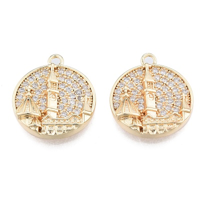Brass Micro Pave Clear Cubic Zirconia Pendants, Cadmium Free & Nickel Free & Lead Free, Flat Round with City