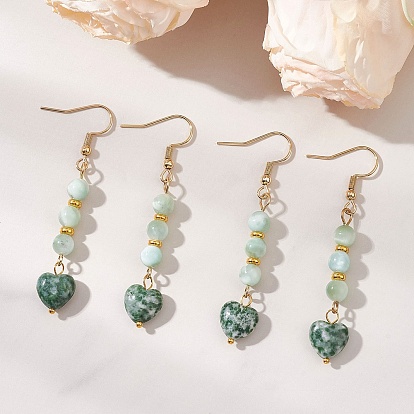 Женские серьги-подвески из натурального стекла и натуральной зеленой яшмы с пятнистым узором., сердце