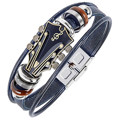 1Pc Alloy & Leather Cord Bracelets for Men Women, Guitar
