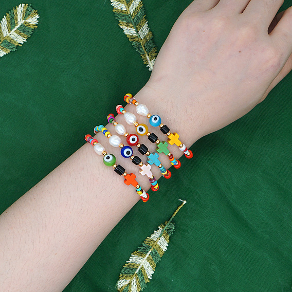 Стеклянные бусины эластичные скобы, Крестики-ножницы от сглаза и синтетической бирюзы для женщин, со стеклянной имитацией жемчуга