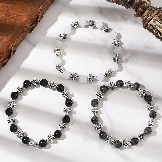 3Pcs Natural Black Onyx & Larvikite & Malaysia Jade Round Beads Stretch Bracelets, Alloy Cross Bead Bracelets for Men Women, Antique Silver