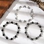 3Pcs Natural Black Onyx & Larvikite & Malaysia Jade Round Beads Stretch Bracelets, Alloy Cross Bead Bracelets for Men Women, Antique Silver