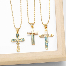 Brass Micro Pave Cubic Zirconia Pendant Necklaces, Cross