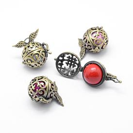 Rack Plating Brass Cage Pendants, Chime Ball Pendants, with Brass Bell Beads, Lead Free & Cadmium Free, Round with Wing