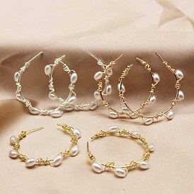 Natural Pearl Beaded Stud Earrings, Wire Wrap Half Hoop Earrings