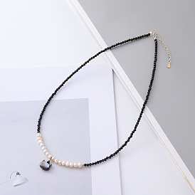 Кулон в форме головы кошки из натурального ракушечника пауа, ожерелья из бусин из натурального пресноводного жемчуга и натуральной черной шпинели, с 925 цепочками на концах из стерлингового серебра