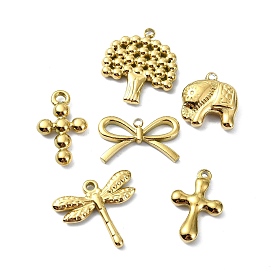 Ion Plating(IP) 304 Stainless Steel Pendants, Real 18K Gold Plated, Elephant/Dragonfly/Cross/Bowknot/Tree Charm