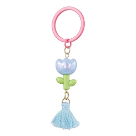 Acrylic Keychains, with Polycotton Tassel Pendant and Iron Split Key Rings, Flower