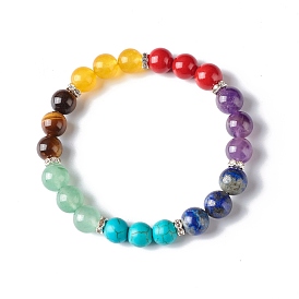 7 Chakra Reiki Yoga Bracelet for Girl Women, Mixed Stone Round Beads Stretch Bracelet