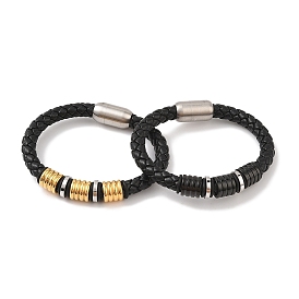 Braided Microfiber Leather Cord Bracelets, 304 Stainless Steel Disc Bracelets for Men